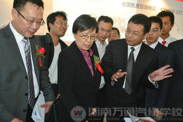 萬通負責人正在為教育部副部長魯昕（前排左二）介紹集團發展規劃